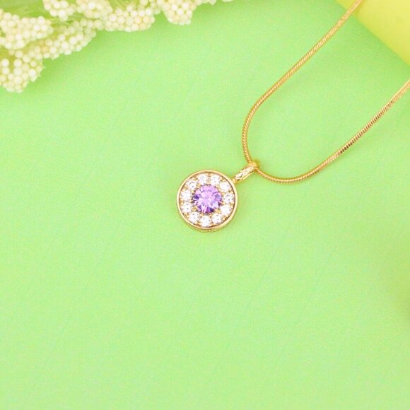 "Round Purple Crystal Pendant in Rose Gold with Halo, XPPT1590 - Picture 11 of 13